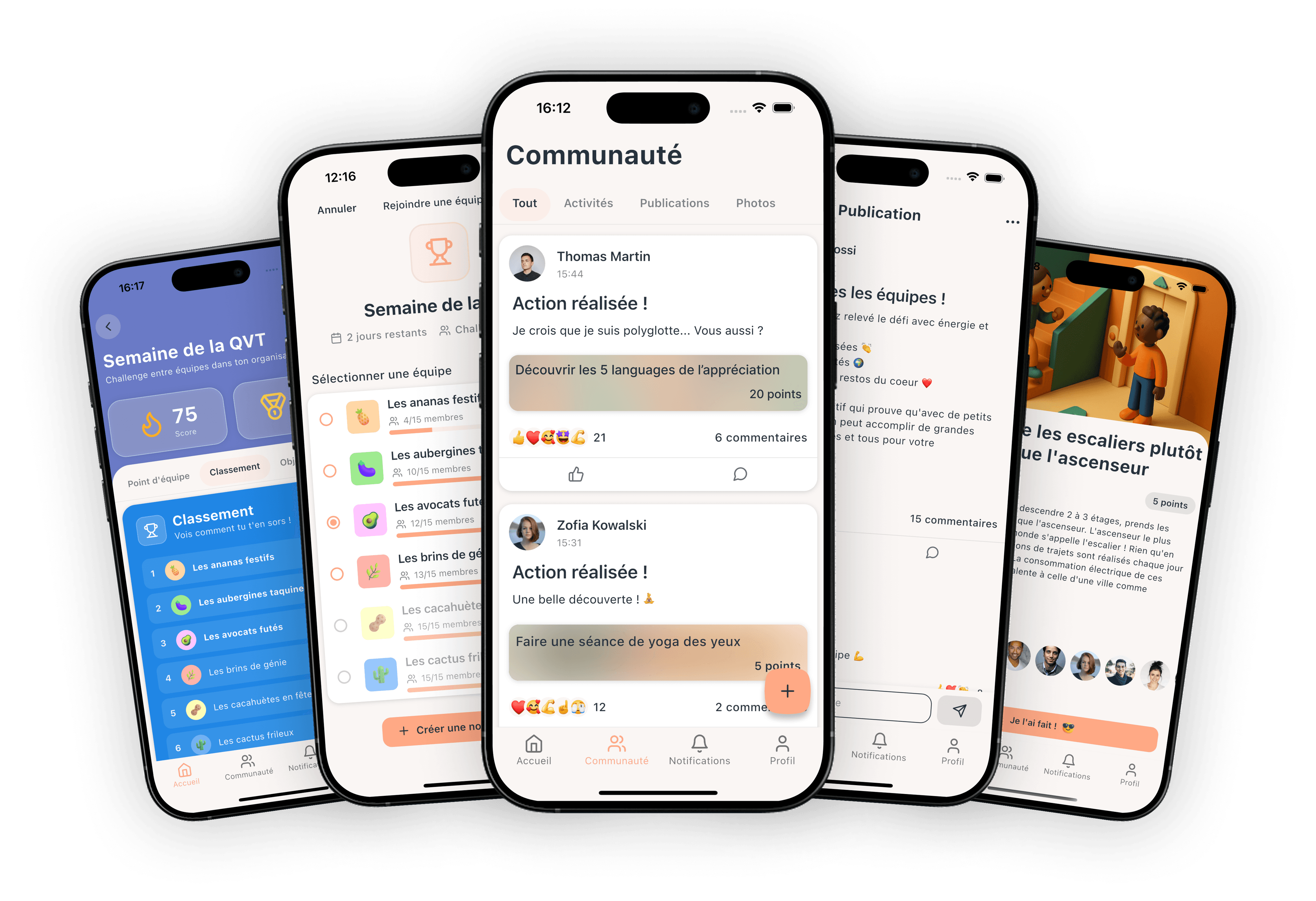 Interface de l'app mobile avec des fonctionnalités de réseau social