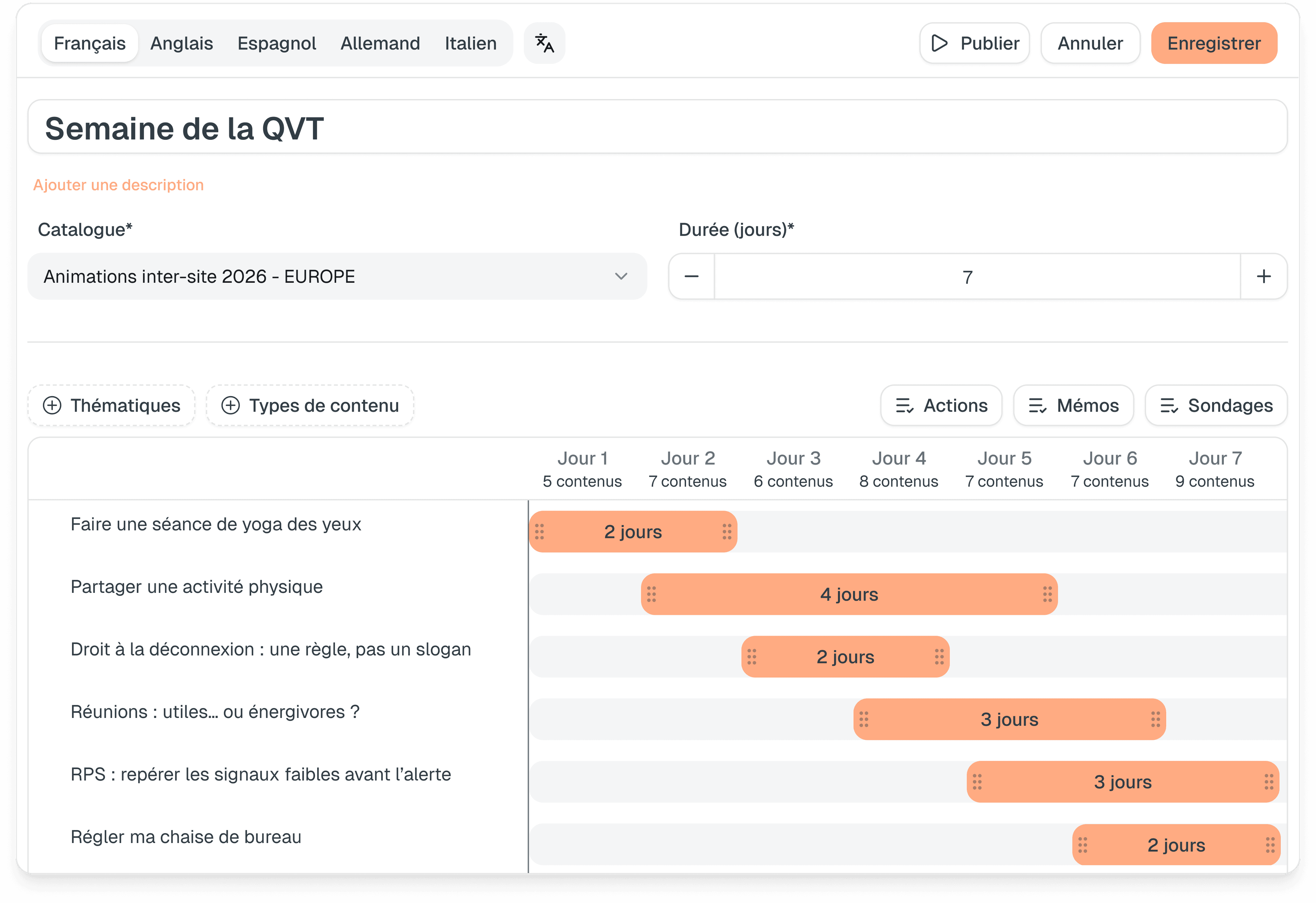 Interface de l'éditeur de planning en glisser-déposer