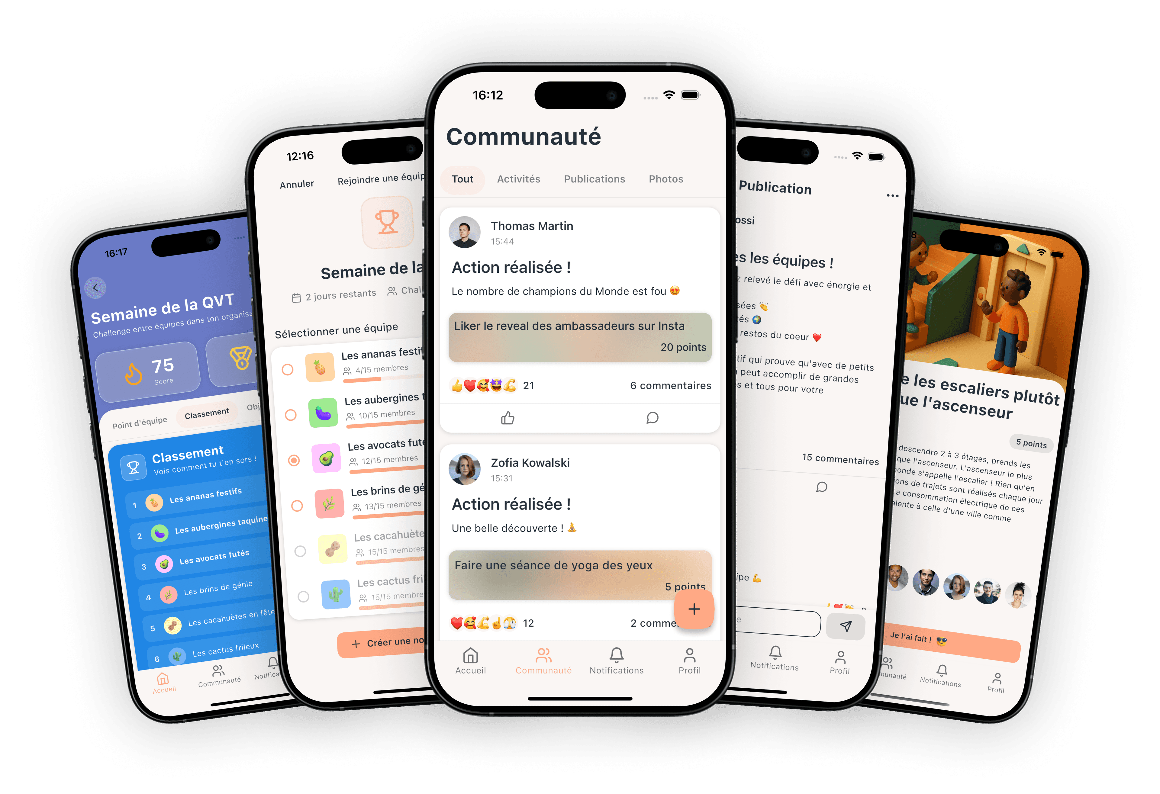 Interface de l'app mobile avec des fonctionnalités de réseau social