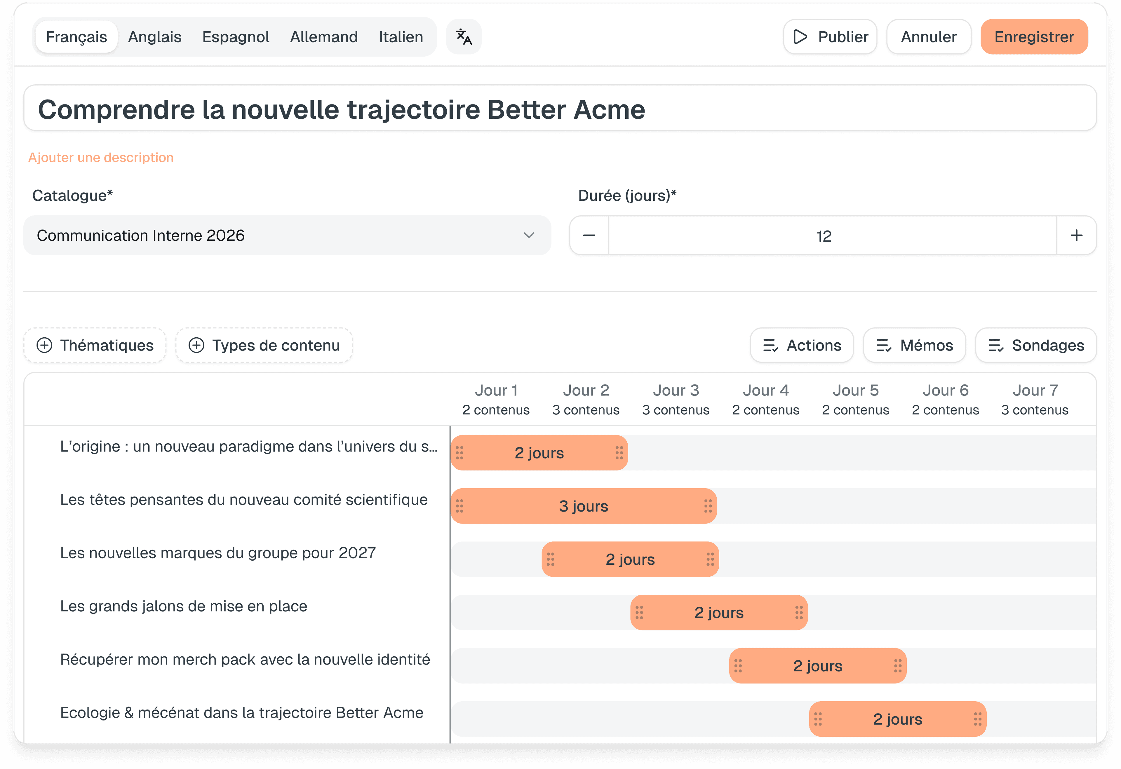 Interface de l'éditeur de planning en glisser-déposer