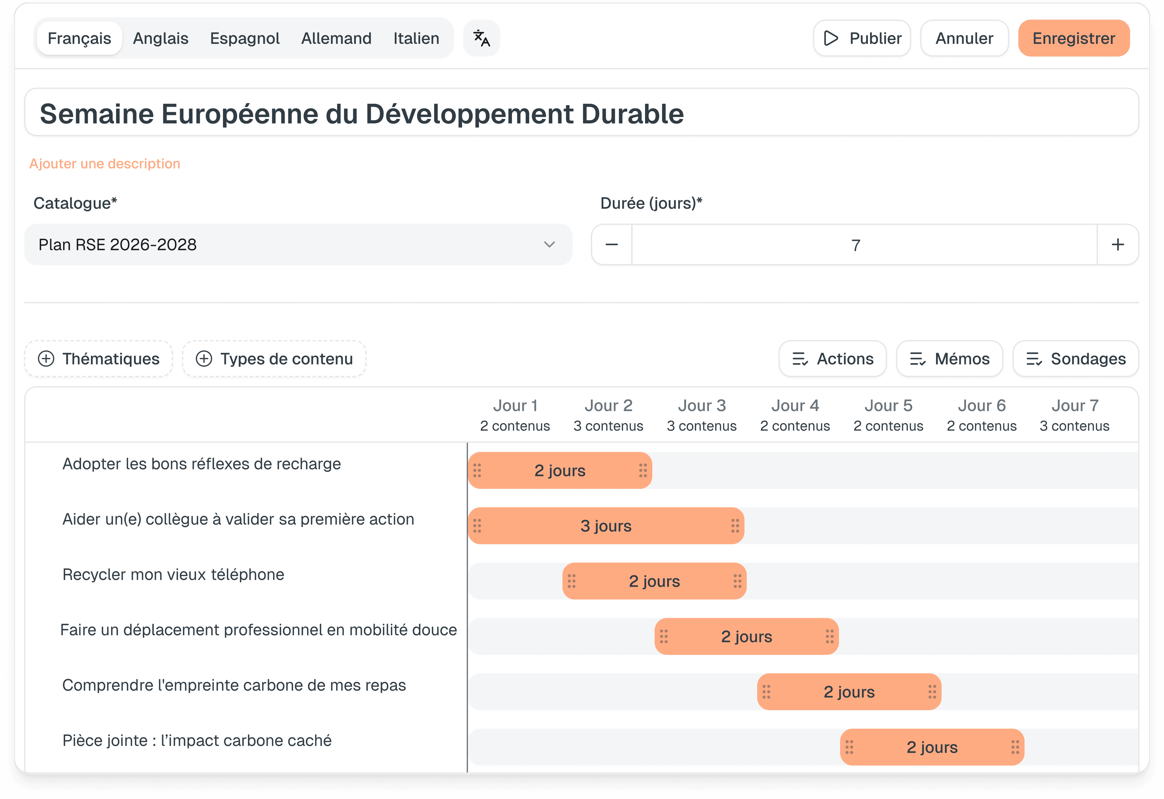 Éditeur de timeline pour campagnes RSE